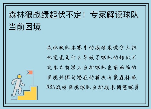 森林狼战绩起伏不定！专家解读球队当前困境